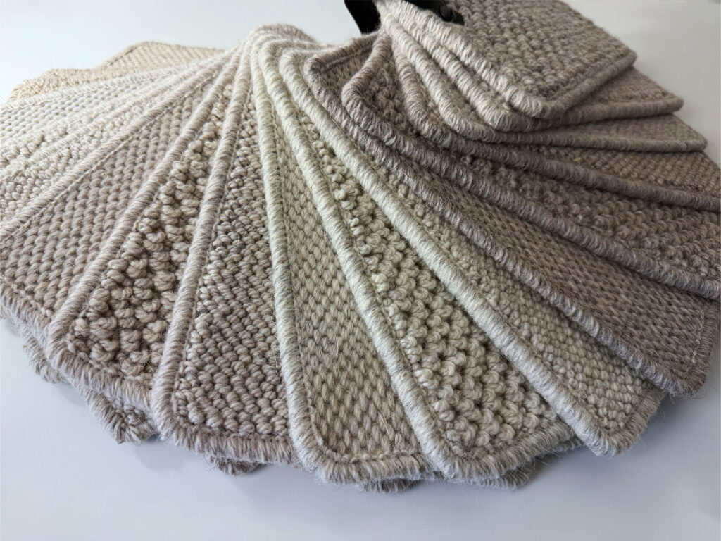 A selection of wool carpet samples in natural beige and taupe tones arranged in a fan display. The close-up view shows the rich texture and quality of the wool fibres, ideal for illustrating guidance on how to clean and maintain wool carpets to preserve their softness, durability, and timeless appeal.