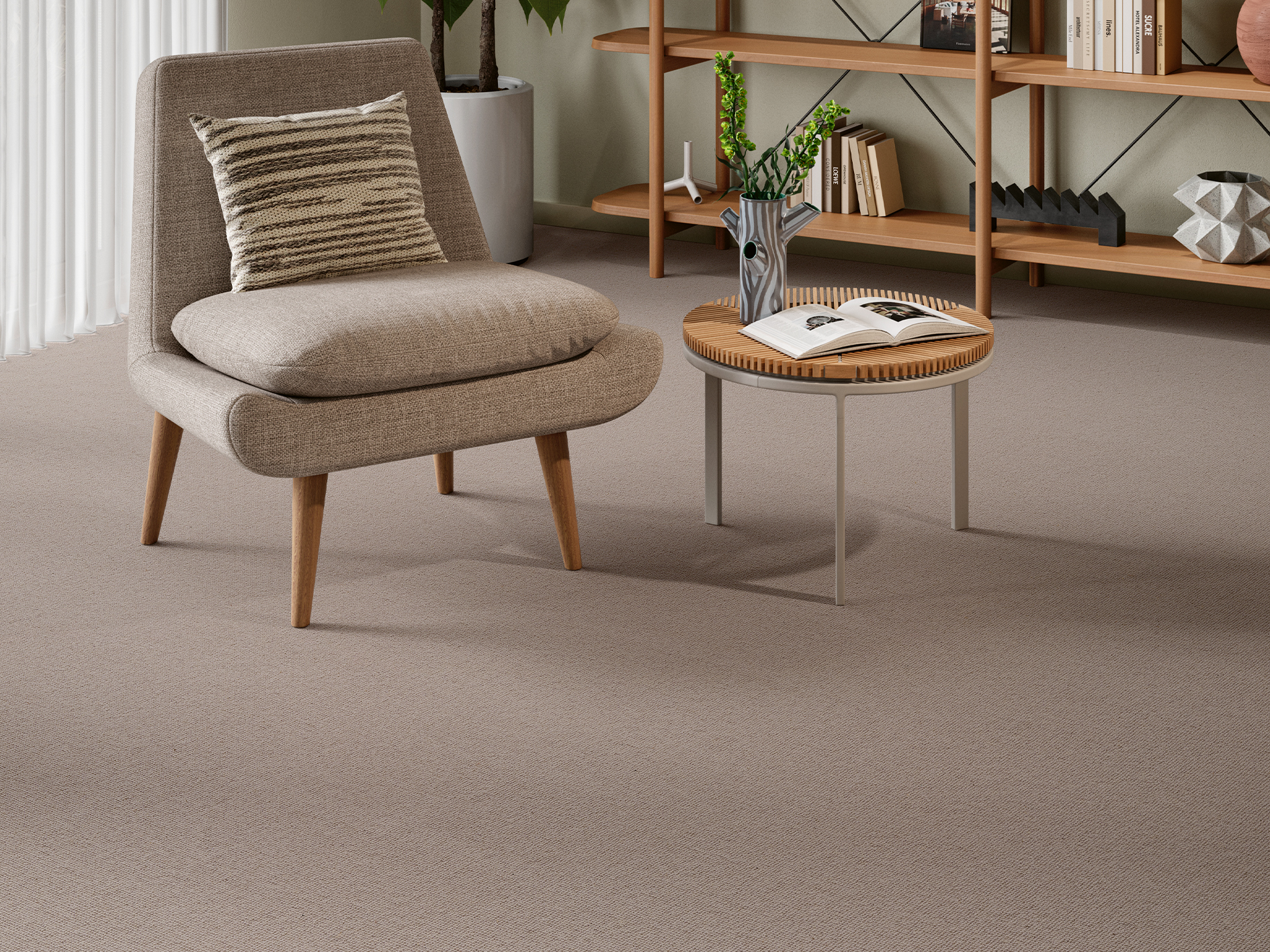 A bright, elegant living space featuring a soft wool carpet in a light neutral shade. The room’s clean and inviting look highlights the natural beauty and durability of wool flooring, ideal for illustrating tips on how to clean and maintain wool carpets for lasting freshness and comfort.