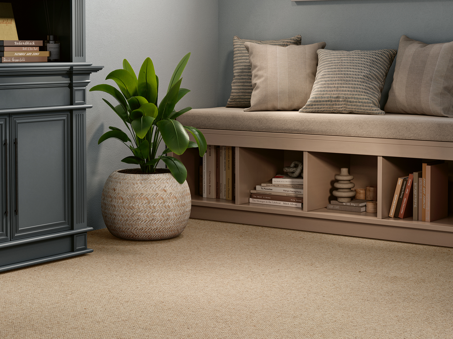 Warm beige carpet in a cozy home décor setting with built-in bench seating, soft cushions, indoor plant and modern shelving.