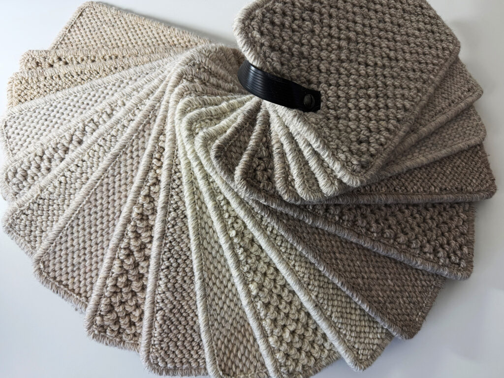 Range of neutral textured carpet swatches displayed in a fan layout, natural fibre flooring options for modern home décor.