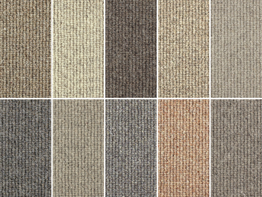 Earth-tone carpet textures in a grid layout showcasing natural woven patterns, modern flooring choices for home décor design.