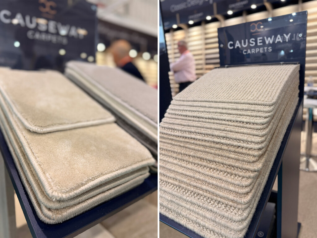 Causeway Carpets sample displays with soft and textured carpet swatches presented at The Flooring Show South.
