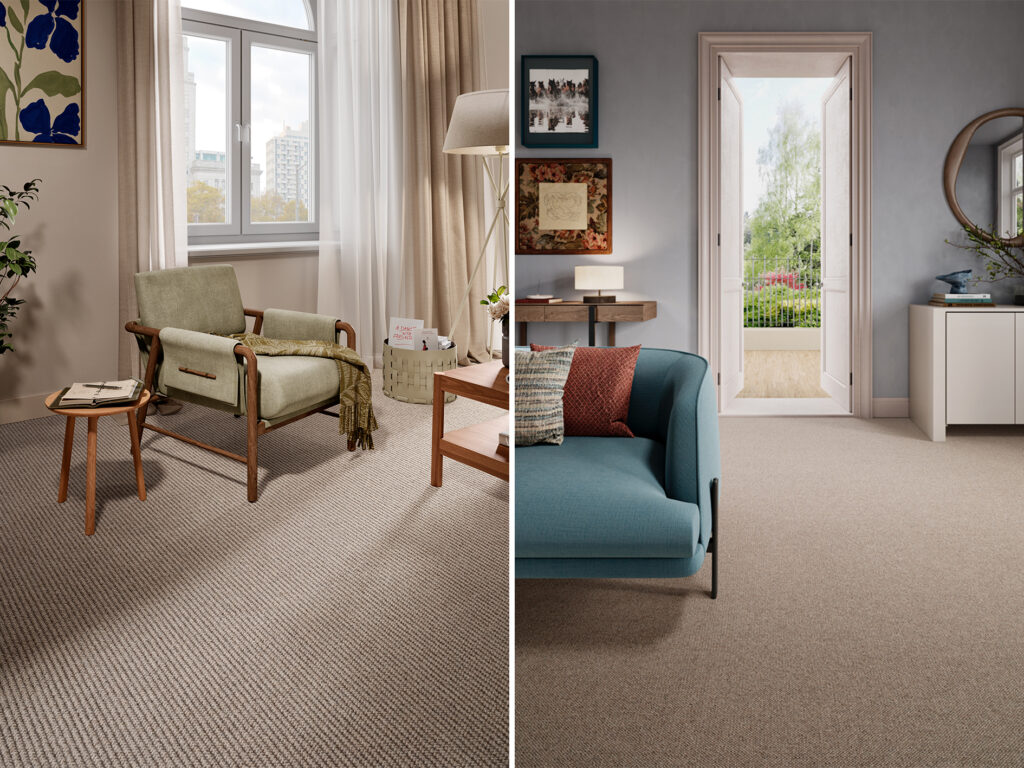 Mayfair Wool Carpet collection, luxury woven wool carpet in neutral tones styled in contemporary living rooms, showcasing texture and natural warmth.