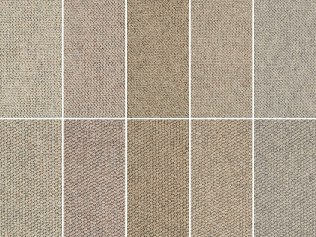 Mayfair Wool Carpet collection colour palette, close-up woven wool carpet samples in natural neutral shades, highlighting texture and premium finish.