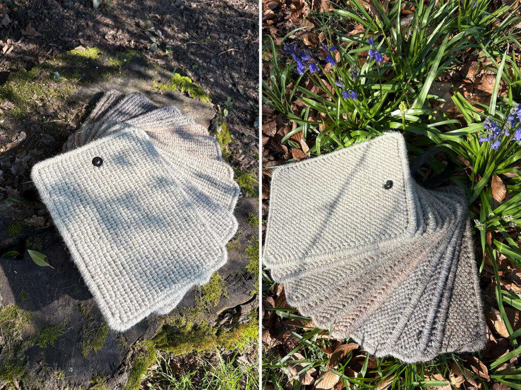 Causeway Carpets Nature Earth and Nature Core wool carpet samples displayed outdoors, showcasing natural textures and neutral tones.