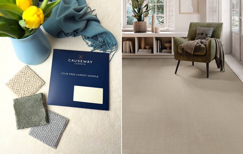 left Luxury carpet sample pack with premium textured wool carpet swatches in neutral cream, sage green and soft grey tones beside elegant home accessories, showcasing high-end bespoke carpets for luxury interior design and modern homes. Image alt text right: Elegant modern living room with soft beige luxury carpet, velvet accent chair and contemporary décor, showcasing premium fitted carpeting for high-end homes, boutique hotels and sophisticated interior spaces.