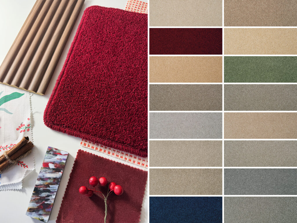 Causeway Carpets City Twist wool-rich carpet colour palette featuring deep red, neutral beige, grey, green and blue carpet samples.