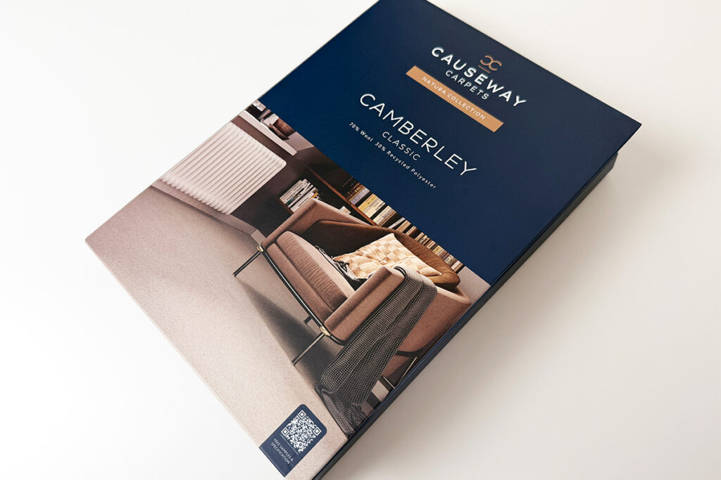 Causeway Carpets Camberley Classic sample book, featuring a wool-rich carpet from the Natura Collection.